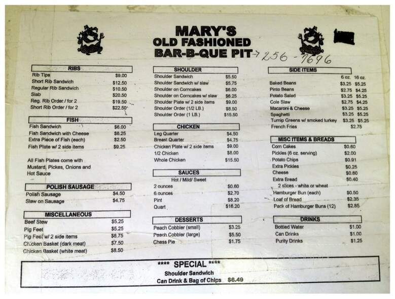 Mary's Old Fashion Barbeque - Nashville, TN menu_pic