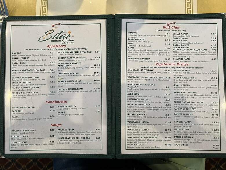 Sitar Indian Restaurant - Nashville, TN menu_pic