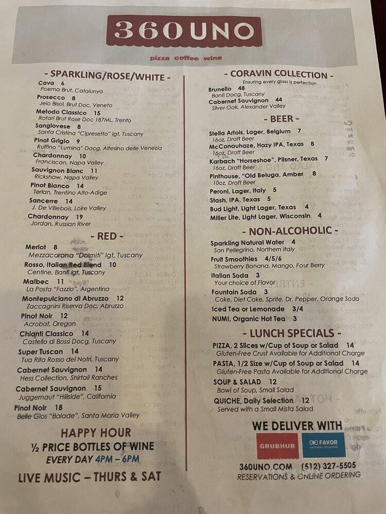 360 Uno Espresso & Vino - Austin, TX menu_pic