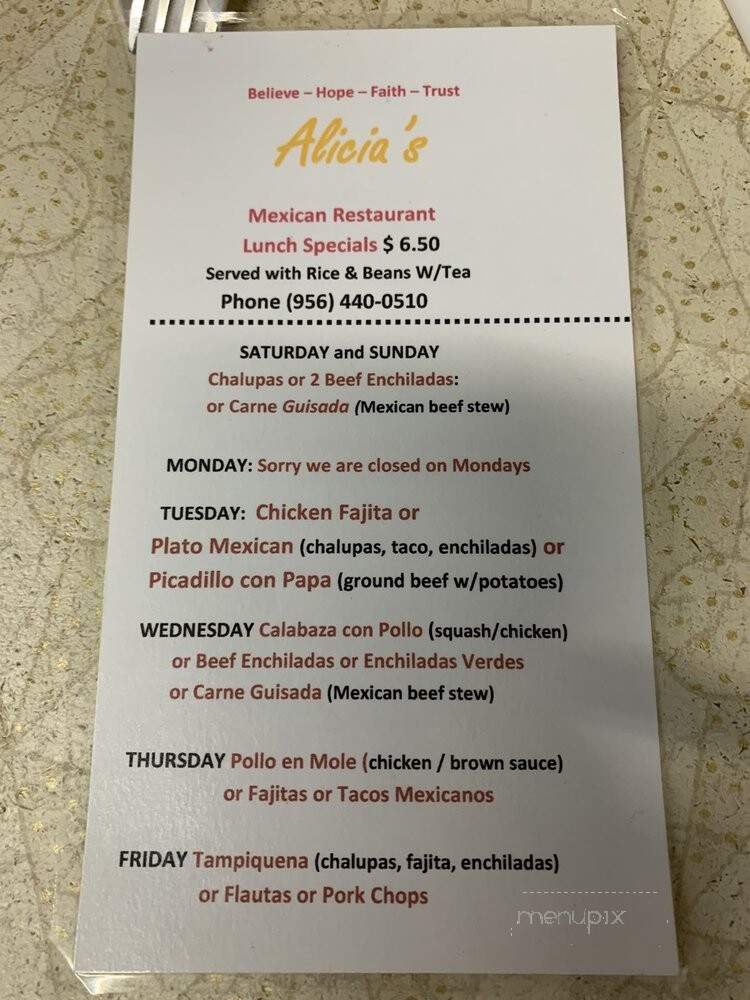 Alicia's Mexican Restaurant - Harlingen, TX menu_pic