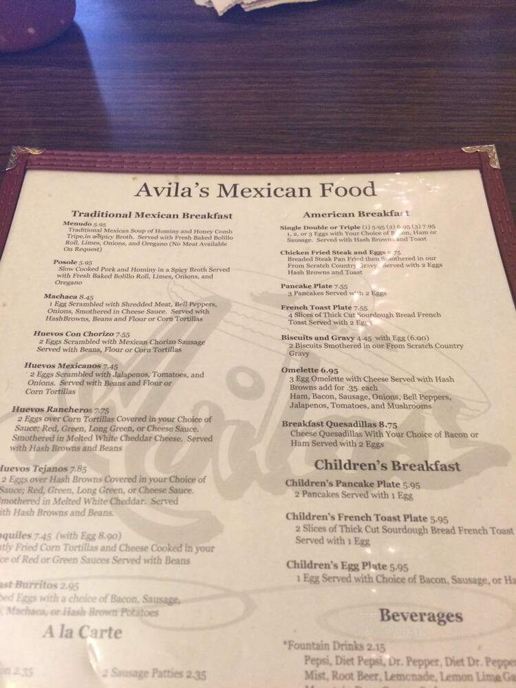 Avila's Mexican Food Restaurants - El Paso, TX menu_pic