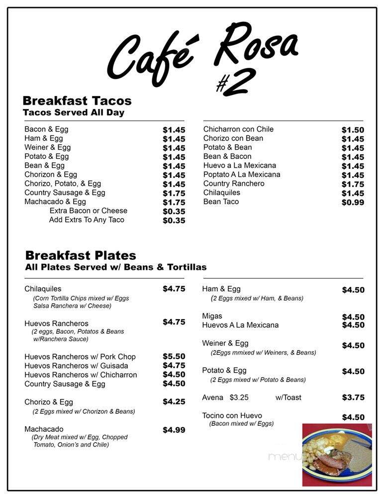 Cafe Rosa - San Antonio, TX menu_pic