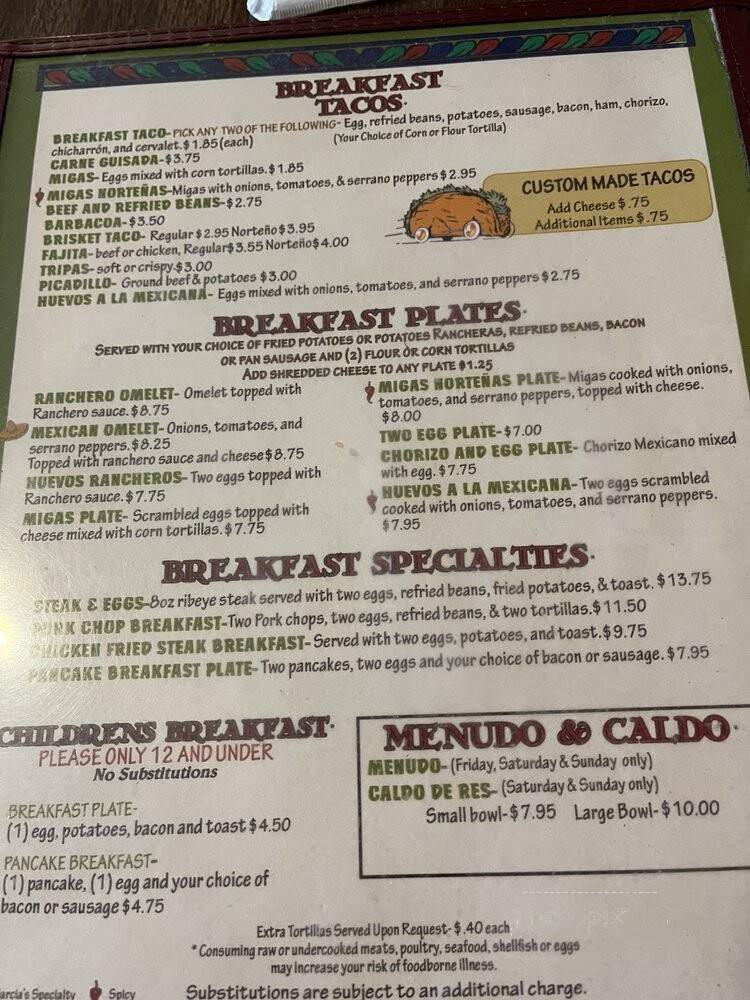 Garcia's Mexican Food Restaurant - Buda, TX menu_pic