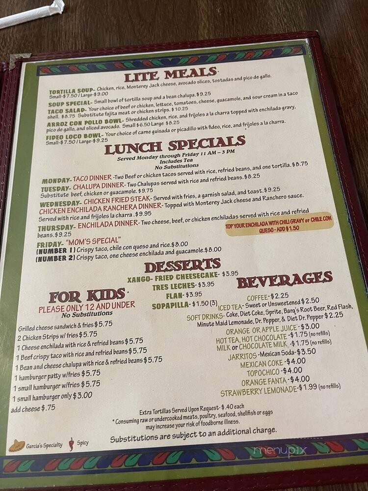 Garcia's Mexican Food Restaurant - Buda, TX menu_pic