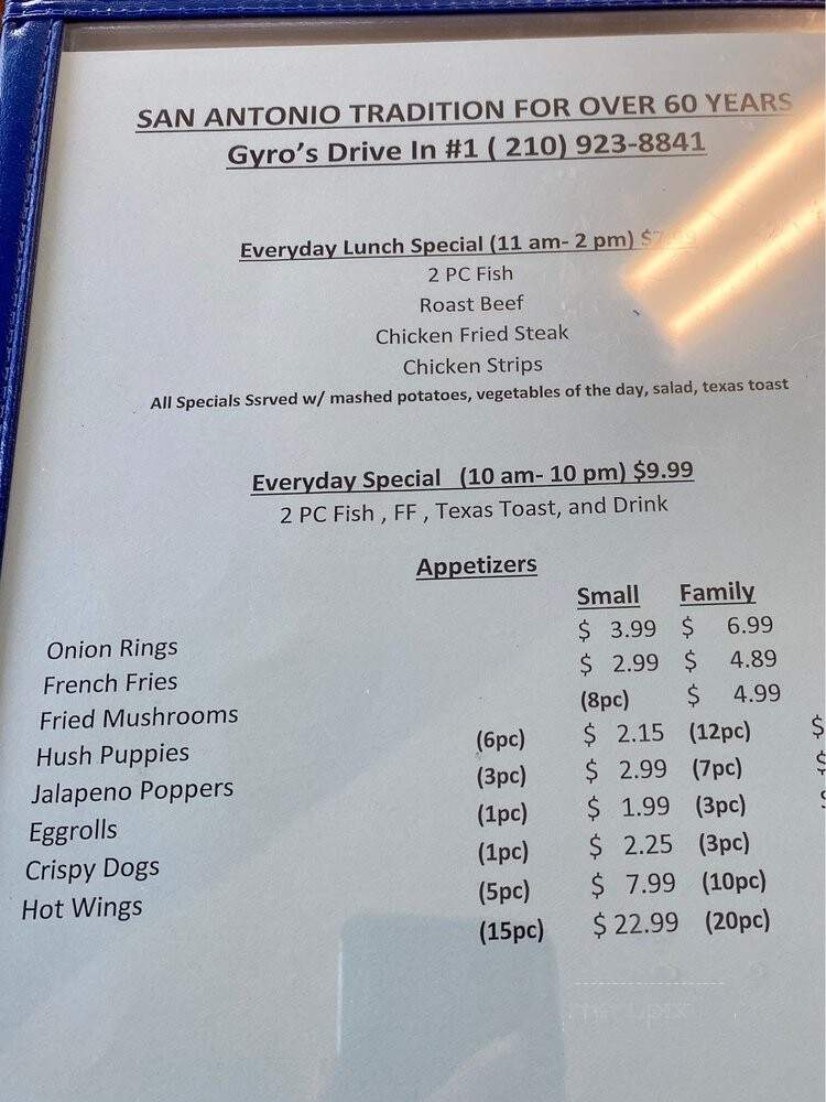 Gyro's Drive Inn - San Antonio, TX menu_pic