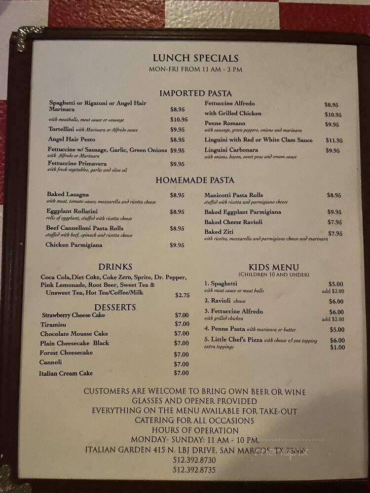 Italian Garden - San Marcos, TX menu_pic