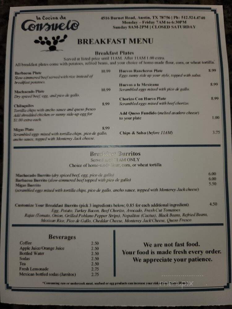 La Cocina De Consuelo - Austin, TX menu_pic