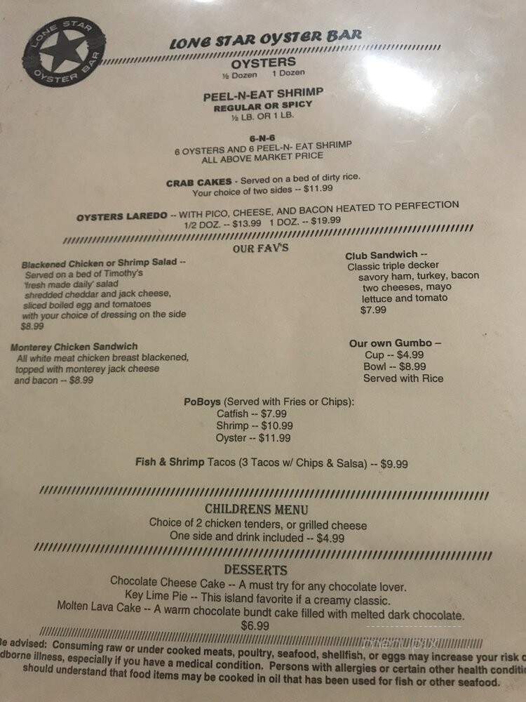 Lone Star Oyster Bar - Lubbock, TX menu_pic