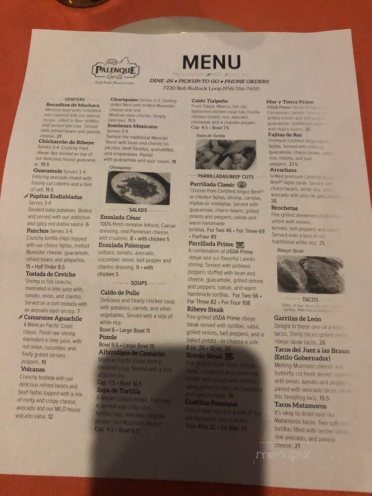 Palenque Grill - Laredo, TX menu_pic