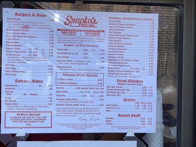 Snapka's Drive Inn - Corpus Christi, TX menu_pic