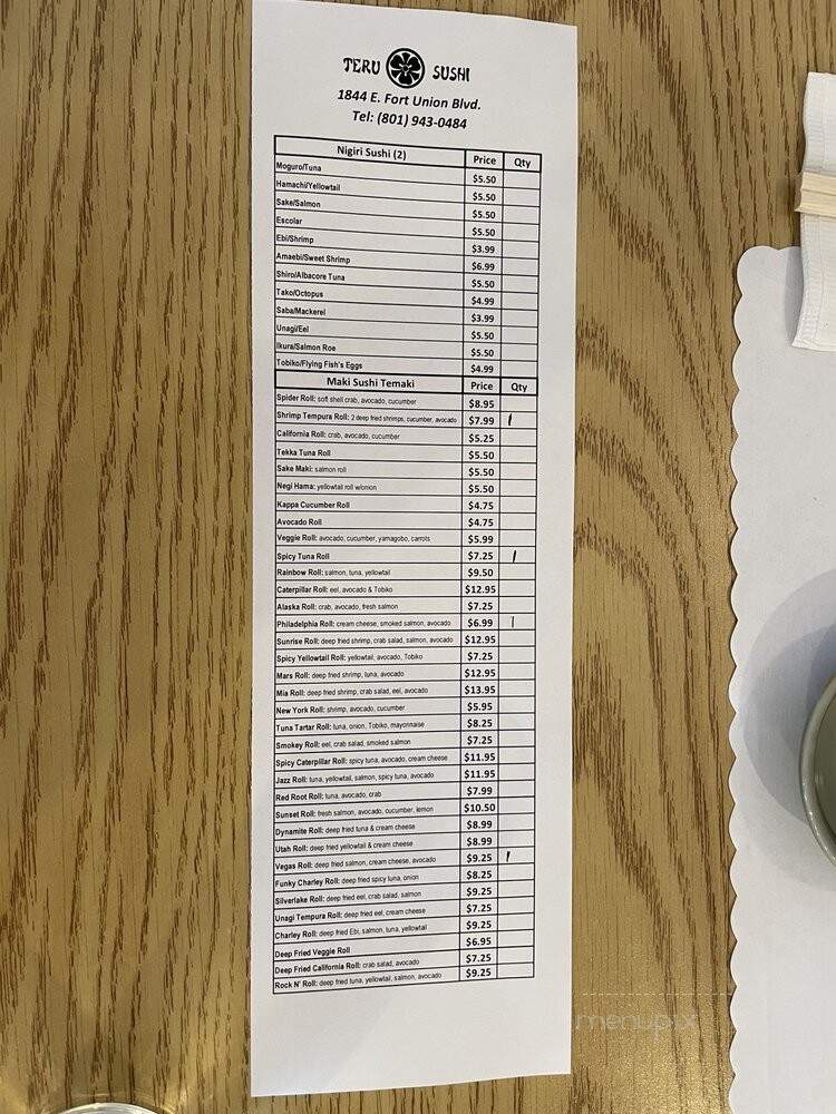 Teru Sushi - Cottonwood, UT menu_pic