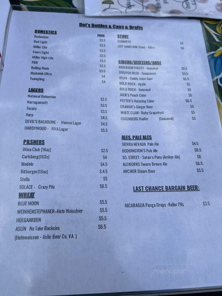 Dot's Back Inn - Richmond, VA menu_pic