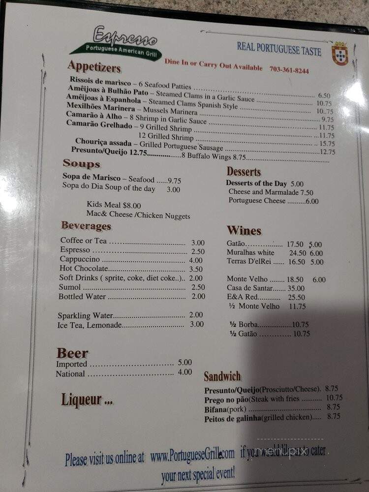 Espresso Restaurant - Manassas, VA menu_pic