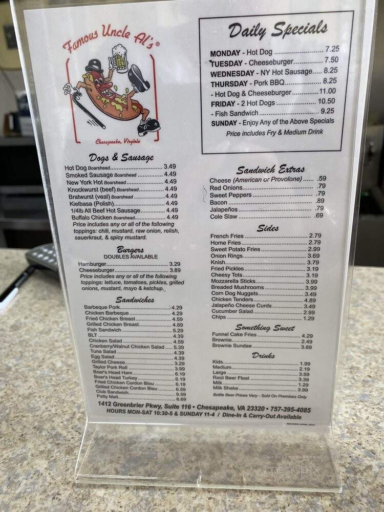 Famous Uncle Al's - Chesapeake, VA menu_pic