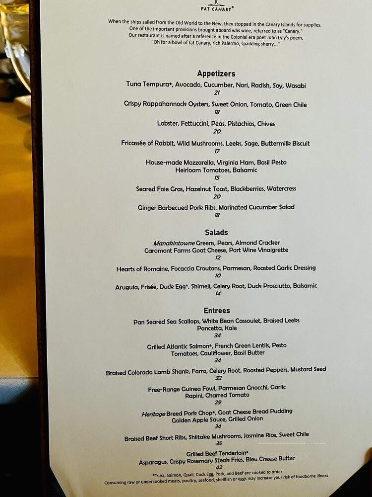Fat Canary - Williamsburg, VA menu_pic