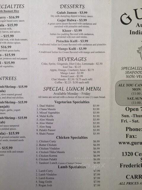 Guru's Indian Cuisine - Fredericksburg, VA menu_pic