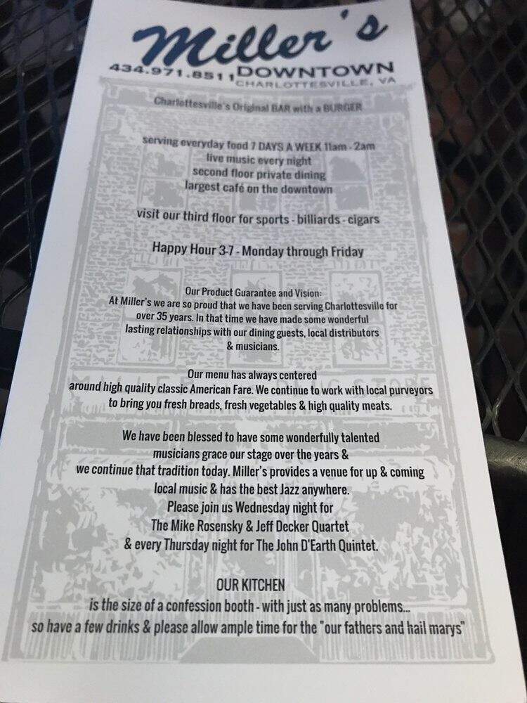Miller's - Charlottesville, VA menu_pic