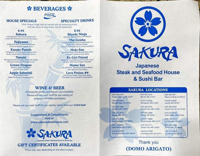 Sakura Japanese Steak - Fairfax, VA menu_pic