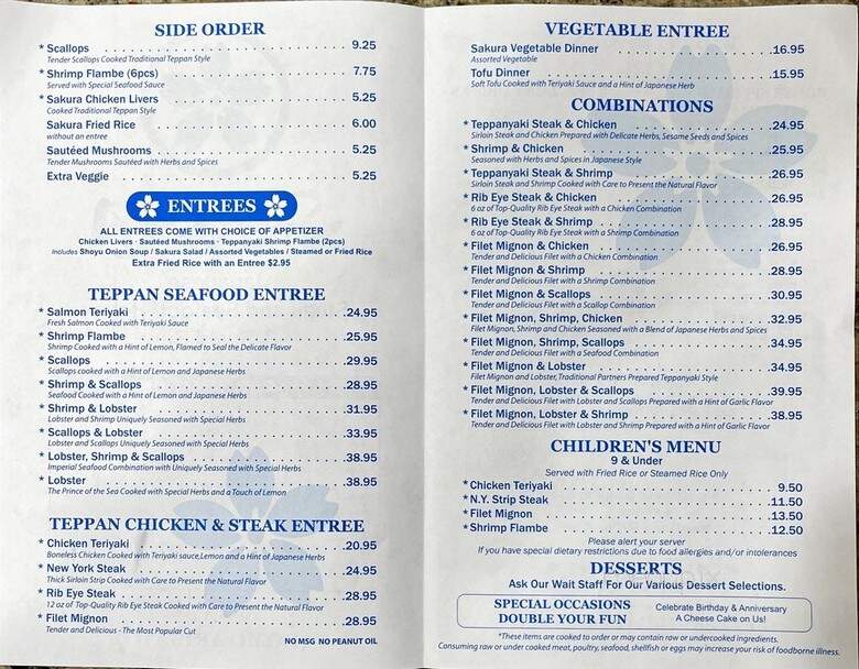 Sakura Japanese Steak - Fairfax, VA menu_pic