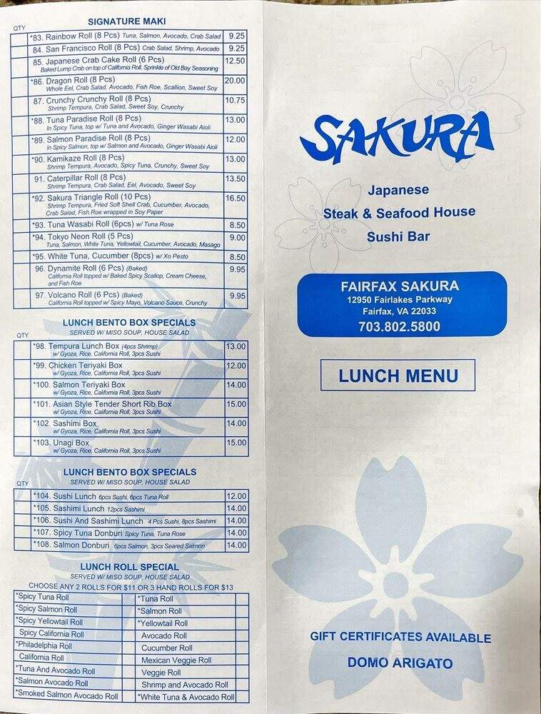 Sakura Japanese Steak - Fairfax, VA menu_pic