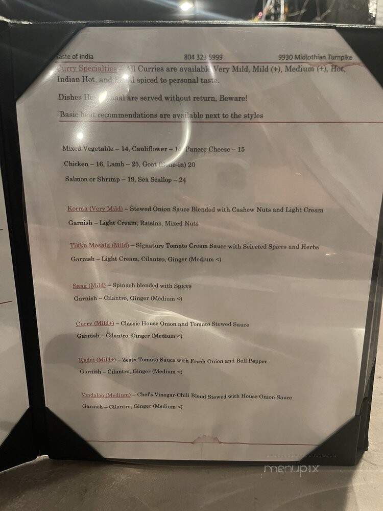 Taste Of India Restaurant - Richmond, VA menu_pic