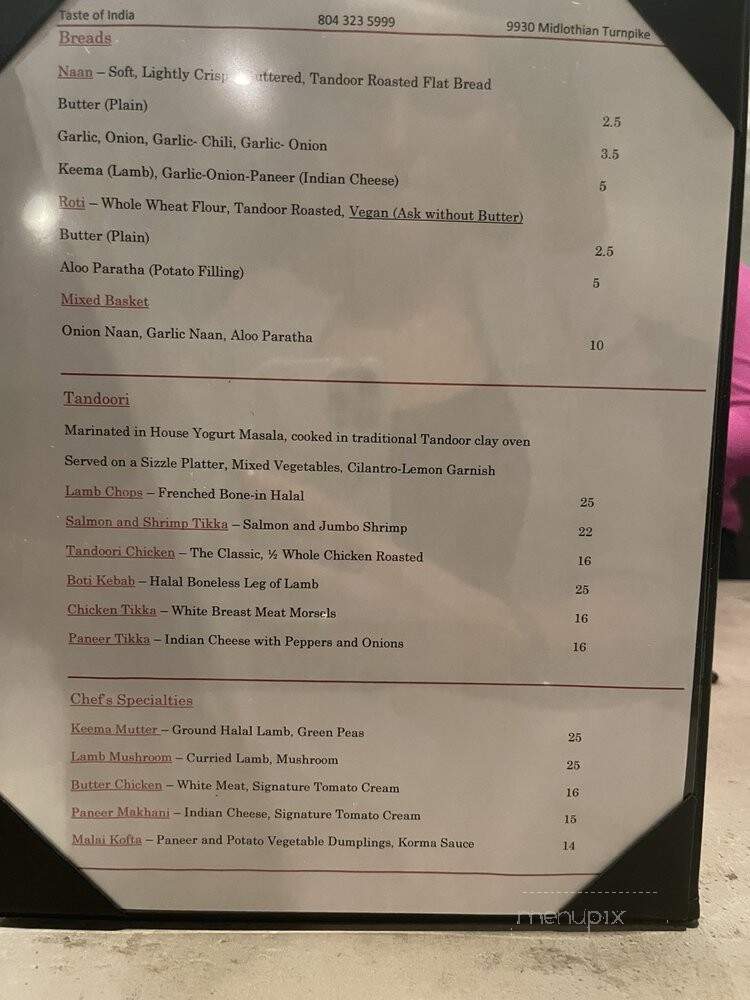 Taste Of India Restaurant - Richmond, VA menu_pic