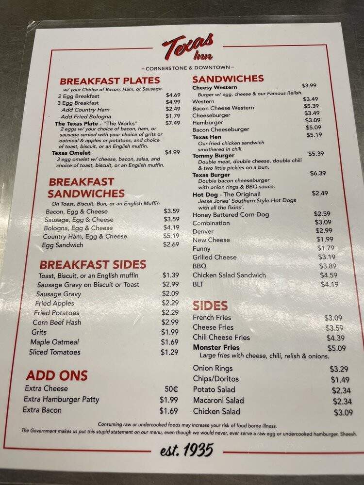 Texas Inn - Lynchburg, VA menu_pic