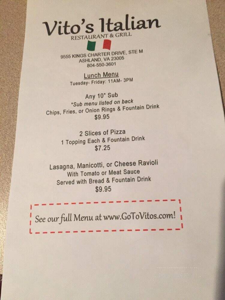 Vito's Italian Restaurant & Grill - Ashland, VA menu_pic