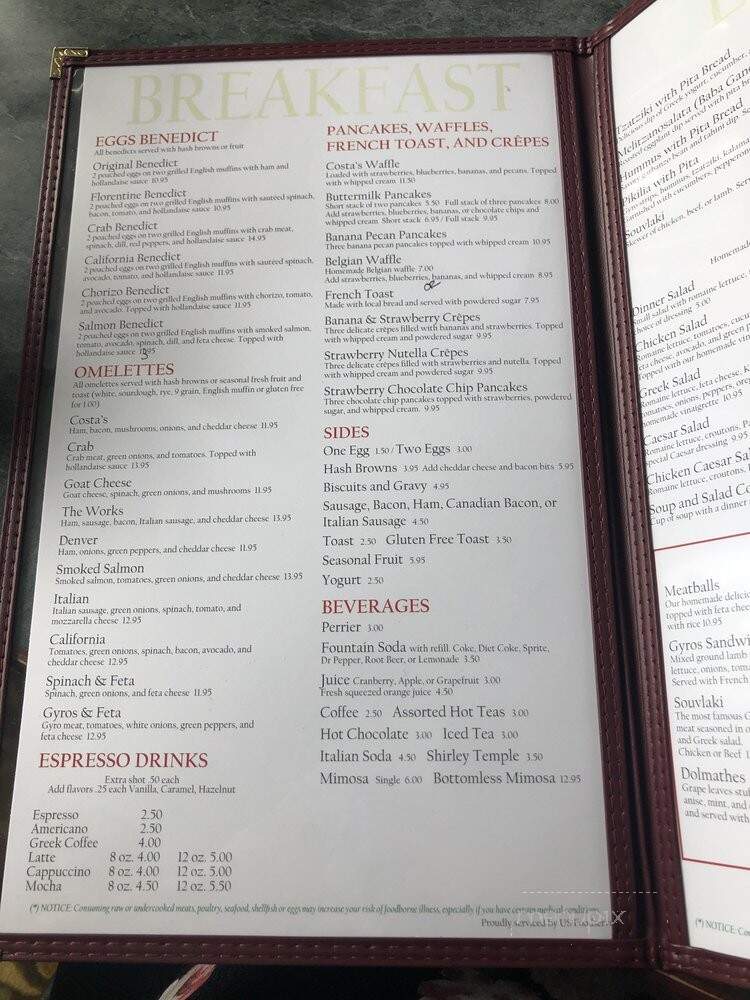 Costas Restaurant - Seattle, WA menu_pic
