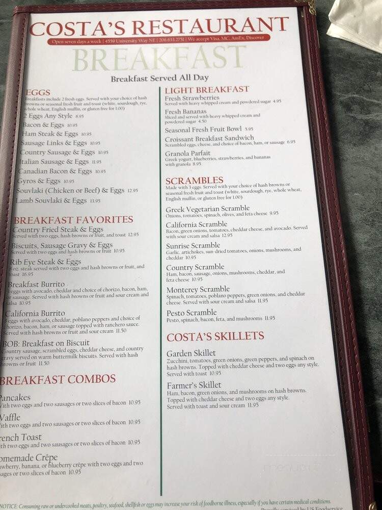 Costas Restaurant - Seattle, WA menu_pic