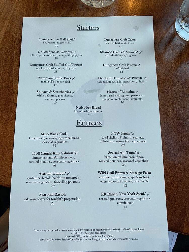 Fins Bistro - Issaquah, WA menu_pic