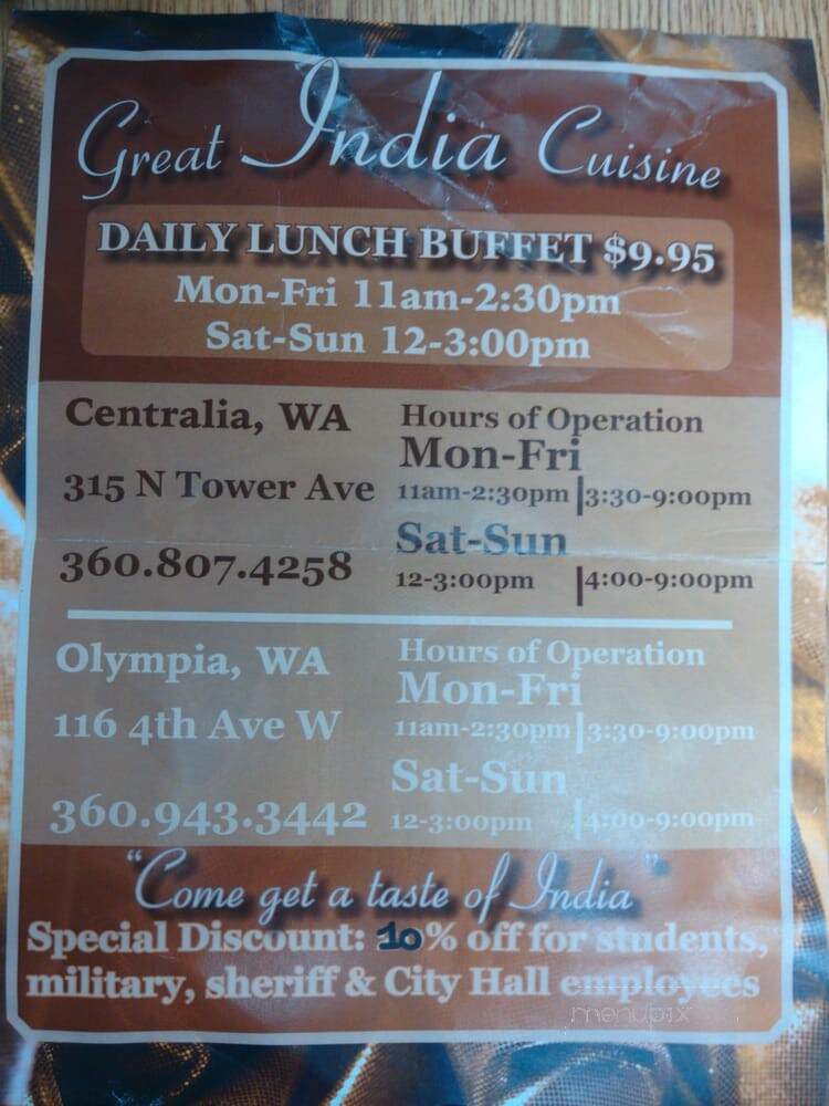 Great India Cuisine - Olympia, WA menu_pic