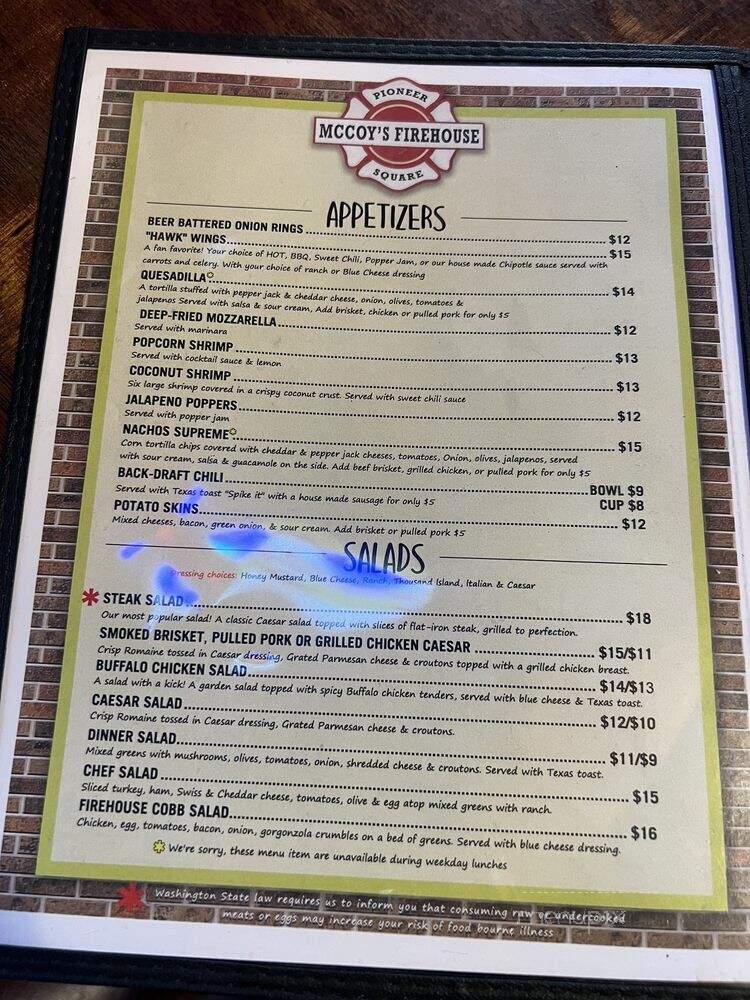 McCoy's Firehouse Bar & Grill - Seattle, WA menu_pic