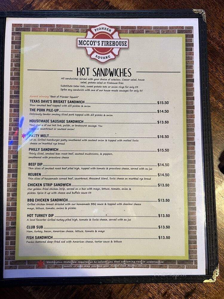 McCoy's Firehouse Bar & Grill - Seattle, WA menu_pic
