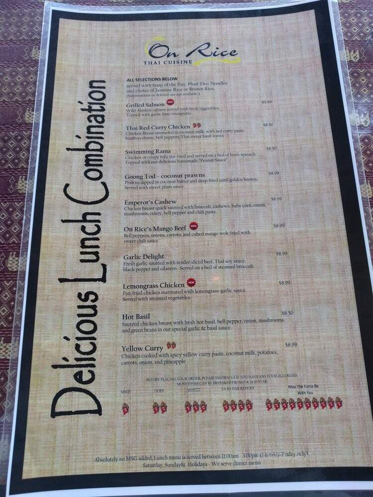 On Rice Thai Cuisine - Bellingham, WA menu_pic