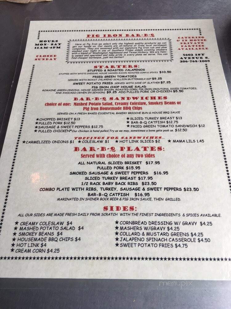 Pig Iron Bar-B-Q - Seattle, WA menu_pic
