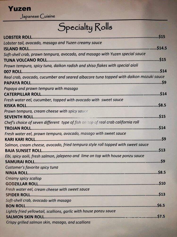 Yuzen Japanese Restaurant - Mercer Island, WA menu_pic