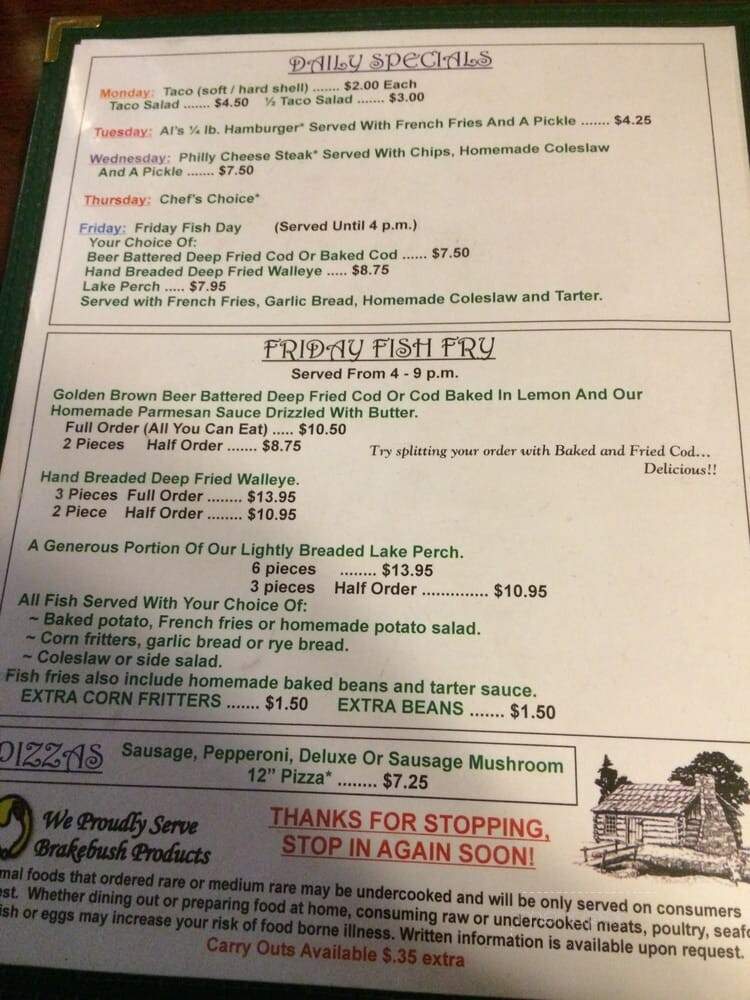 Cabin - Coloma, WI menu_pic