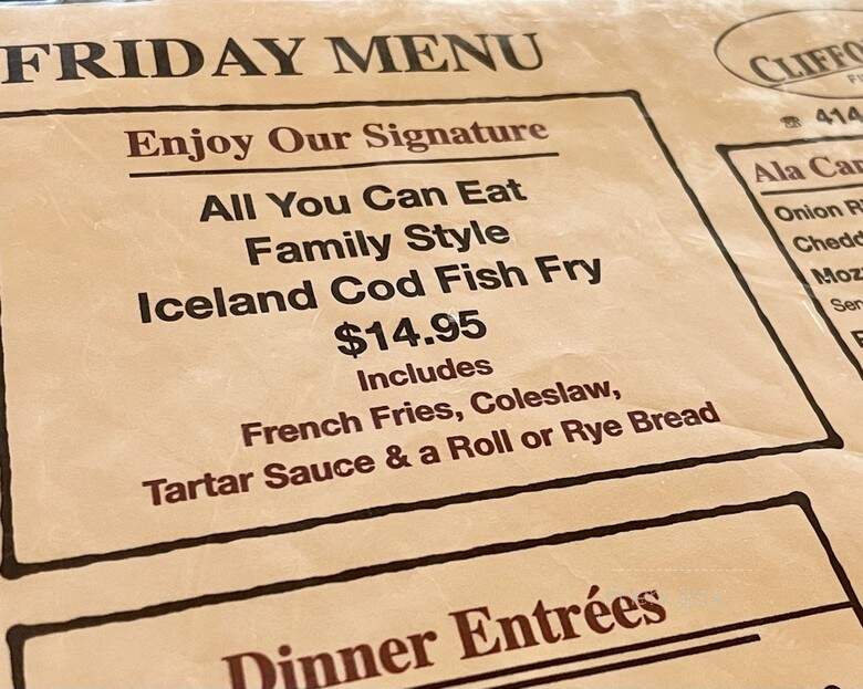 Clifford's Supper Club - Hales Corners, WI menu_pic
