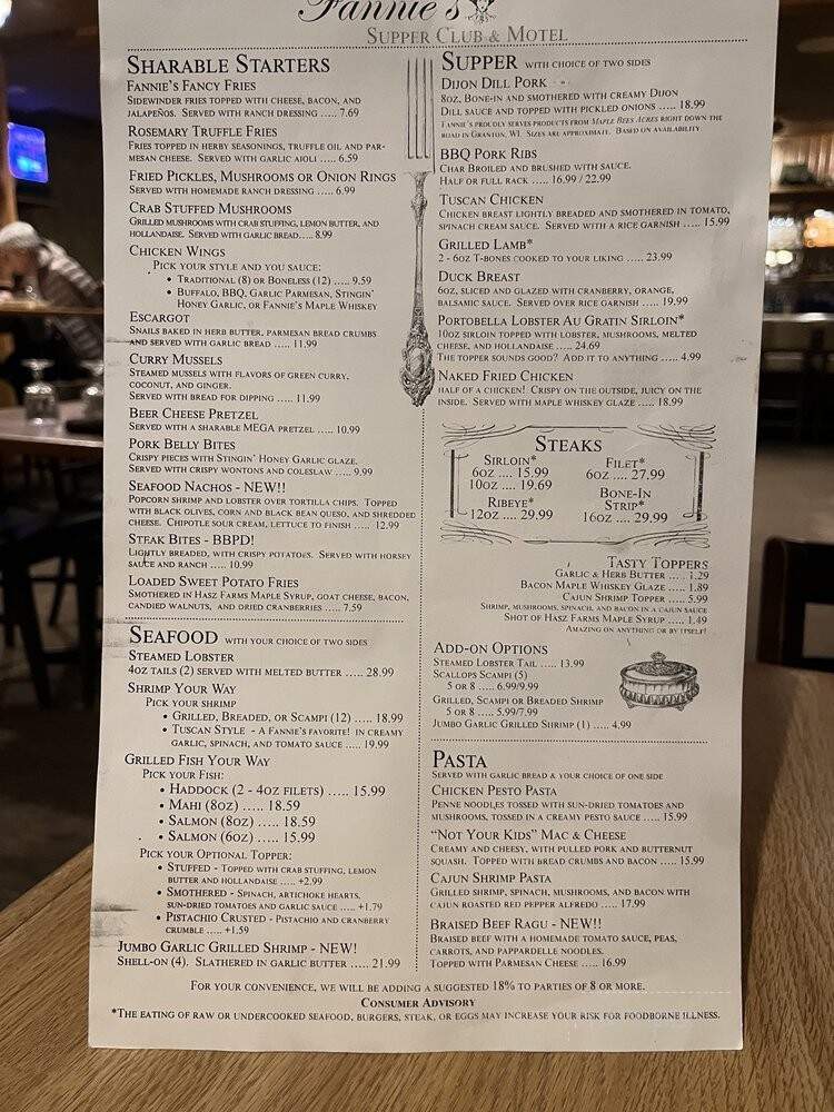 Fannies Supper Club & Motel - Neillsville, WI menu_pic
