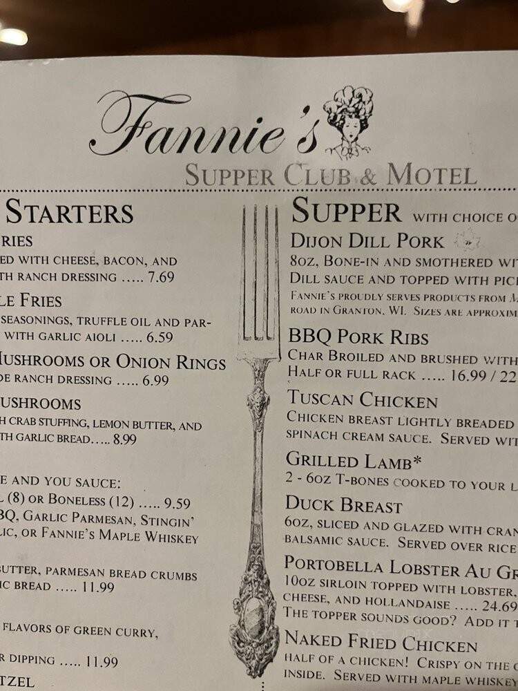 Fannies Supper Club & Motel - Neillsville, WI menu_pic