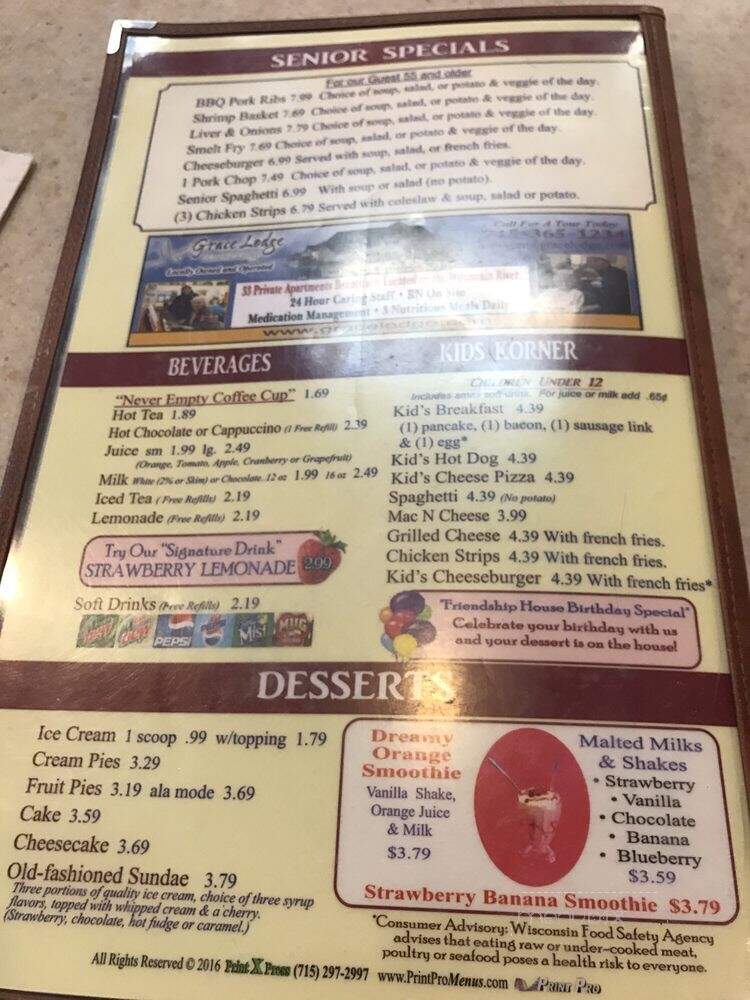 Friendship Family Restaurants - Rhinelander, WI menu_pic