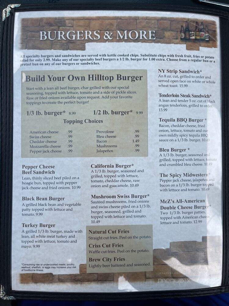 Hilltop Pub & Grill Restaurant - Stevens Point, WI menu_pic