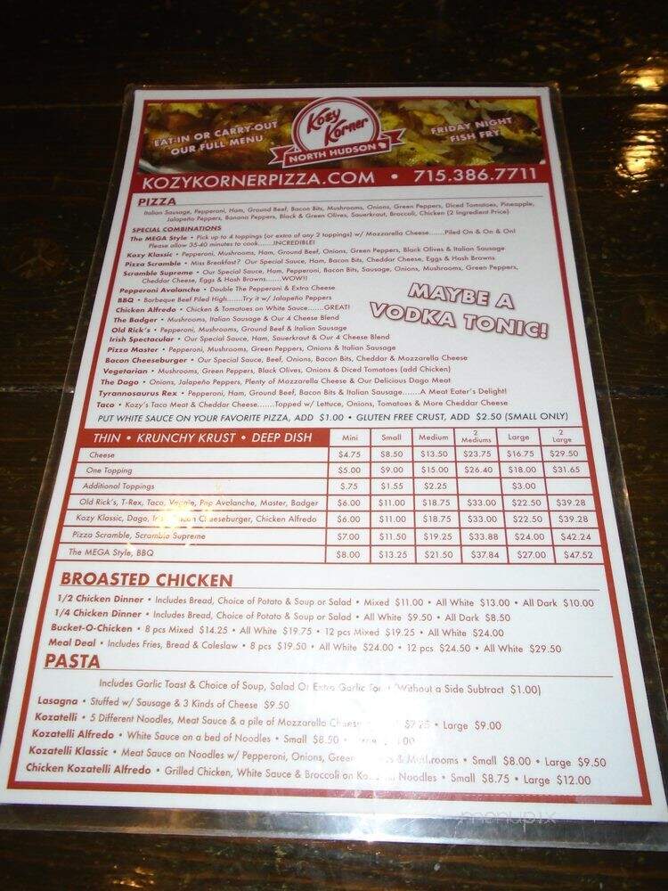Kozy Korner - Hudson, WI menu_pic