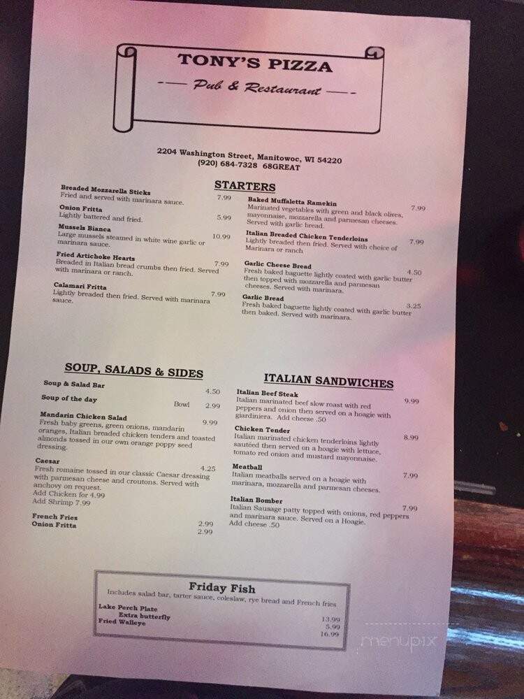 Tony's Pizza and Par - Manitowoc, WI menu_pic