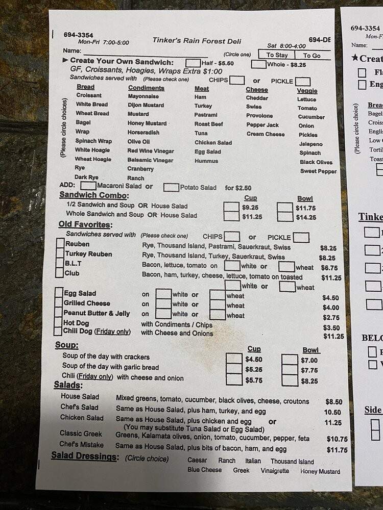Tinker's Rainforest Deli - Eagle River, AK menu_pic