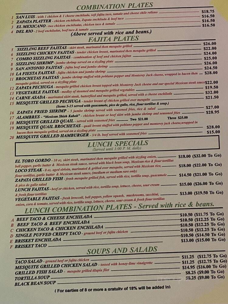 Zapata's - Texarkana, AR menu_pic