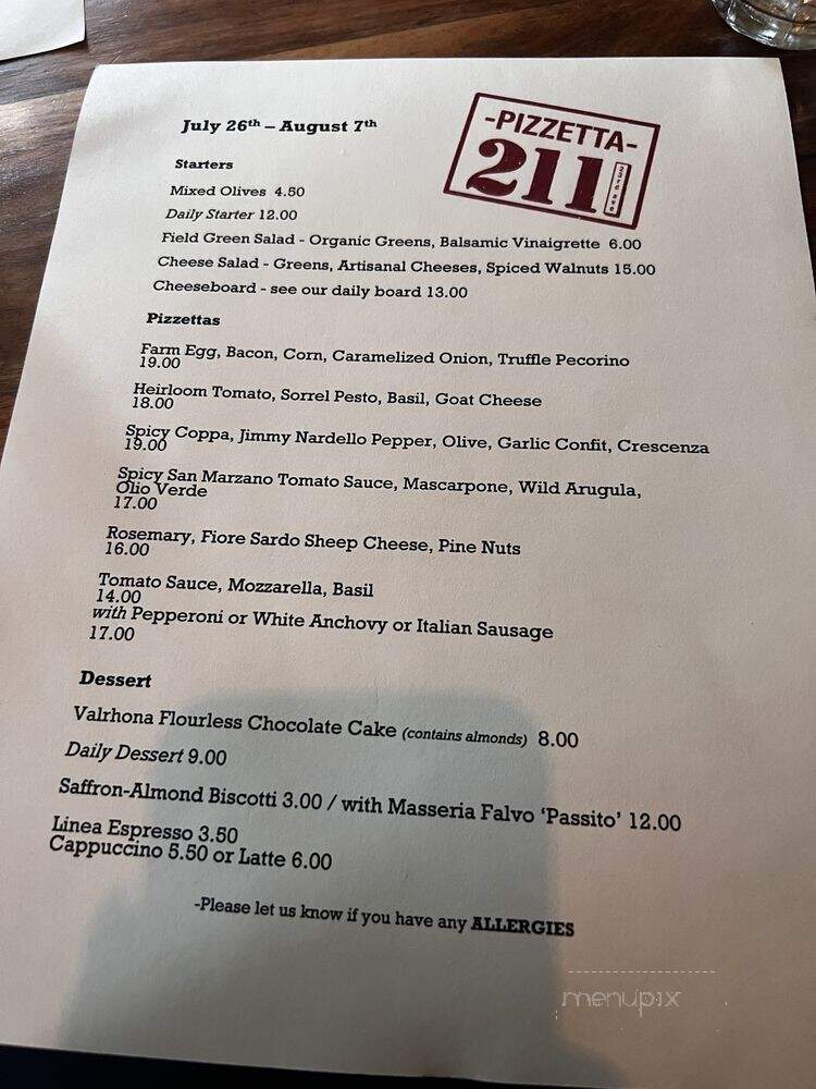 Pizzetta - San Francisco, CA menu_pic