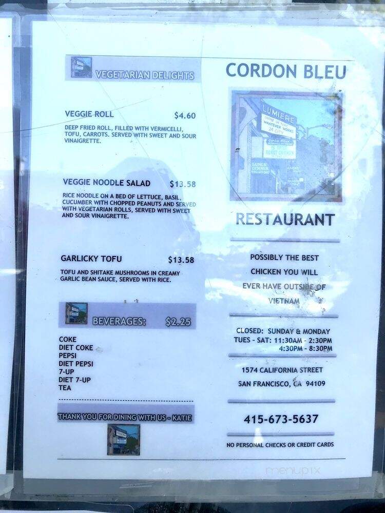 Cordon Bleu Vietnamese Restaurant - San Francisco, CA menu_pic