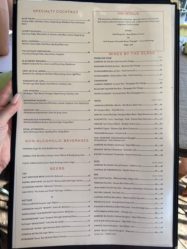 Auberge Du Soleil - Rutherford, CA menu_pic